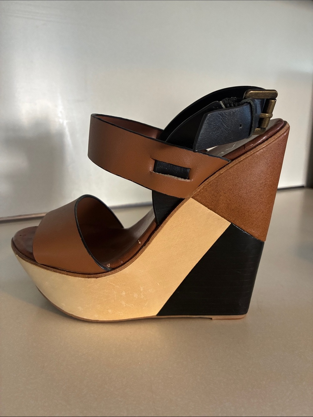 Aldo Brown and Black Colorblock Wedge Sandals